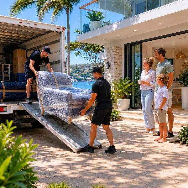 A wrapped lounge being delivered to a family home by Removalists Inner West Sydney house removalists.