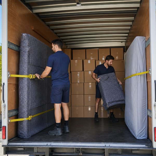 Furniture removalists in Ashfield strapping a protected dining table upright inside a Removalists Inner West Sydney truck