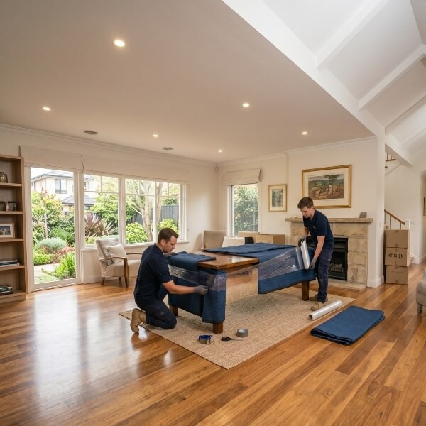 Removalists Inner West Sydney interstate removalists wrapping furniture for a long distance move from Ashfield
